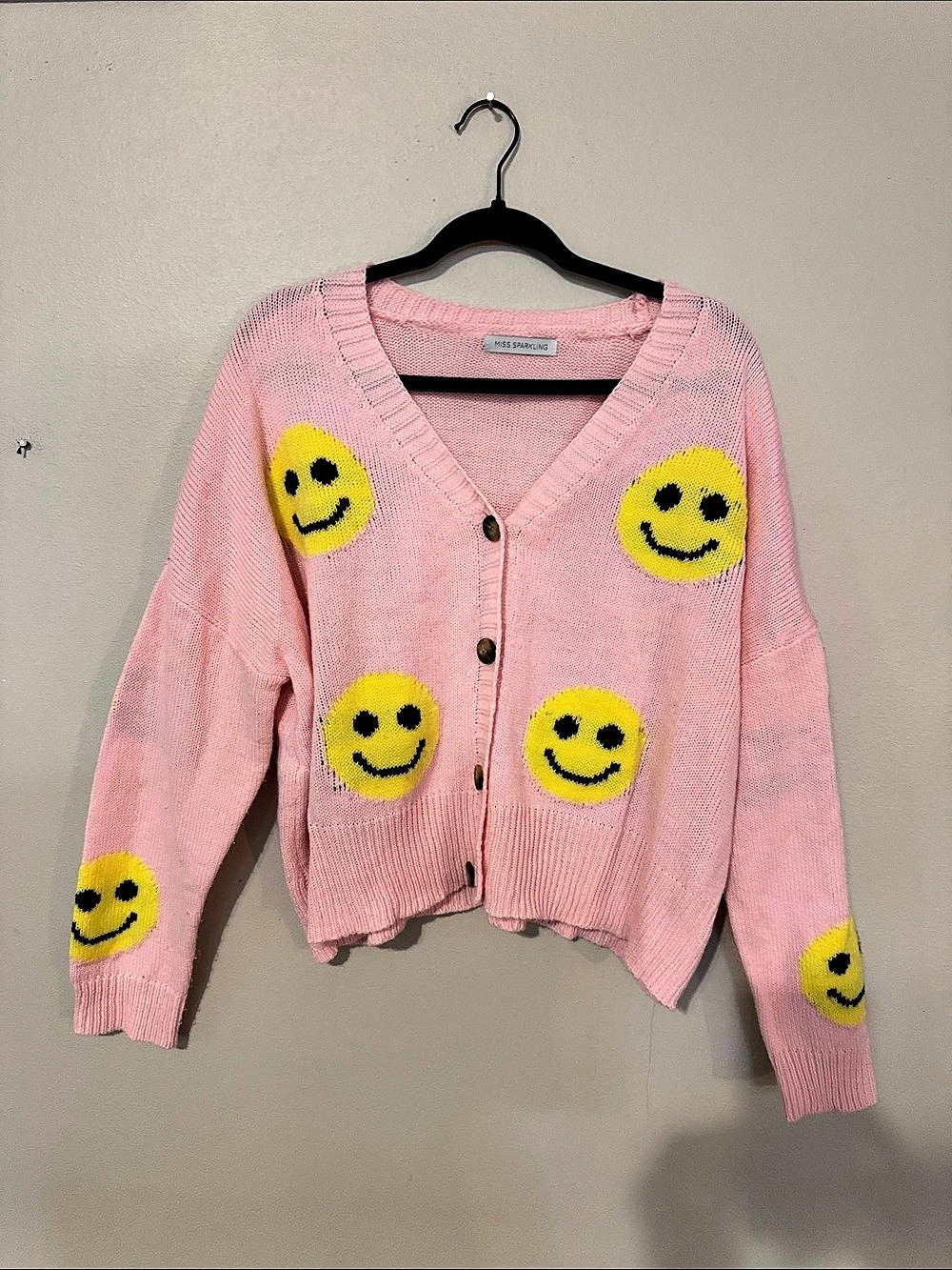 Miss Sparkling Smile Sweater Pink Smiley Face Cardigan